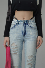 Unbalanced Hem Distressed Denim Jeans