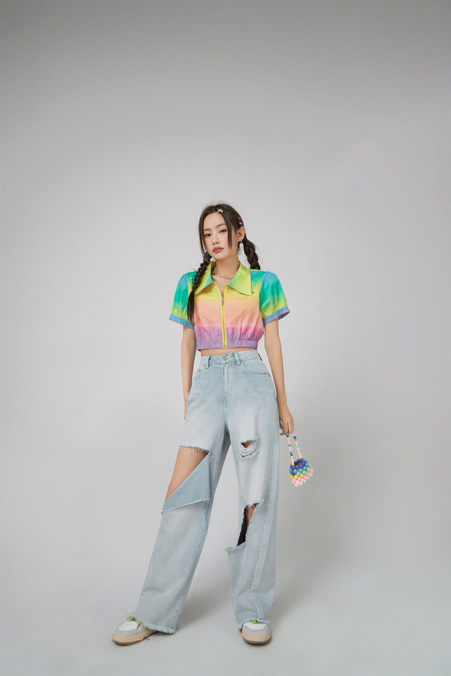 CHUU Rainbow Cropped Zip-Up Jacket