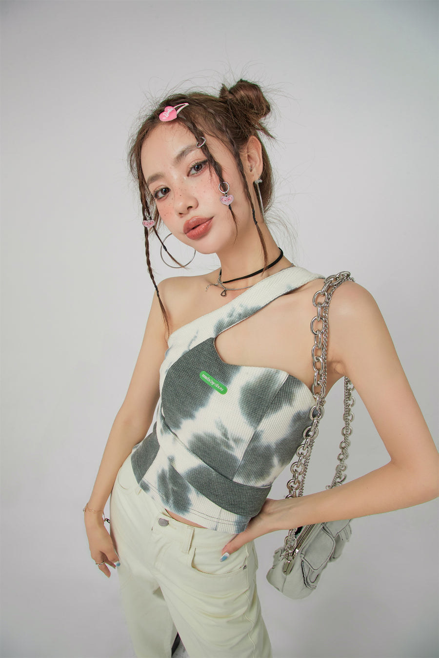 CHUU Tie-Dye Cross Strap Off-Shoulder Top