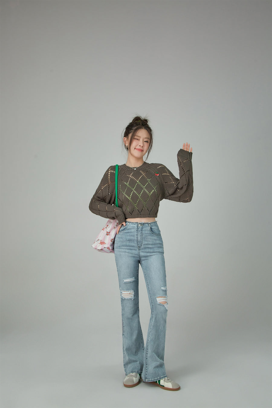 CHUU Cherry Eyelet Knit Crop Top