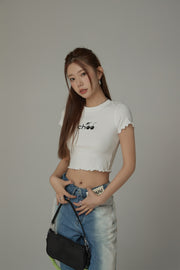 Chuu Cherry Lettuce Hem Cropped Top