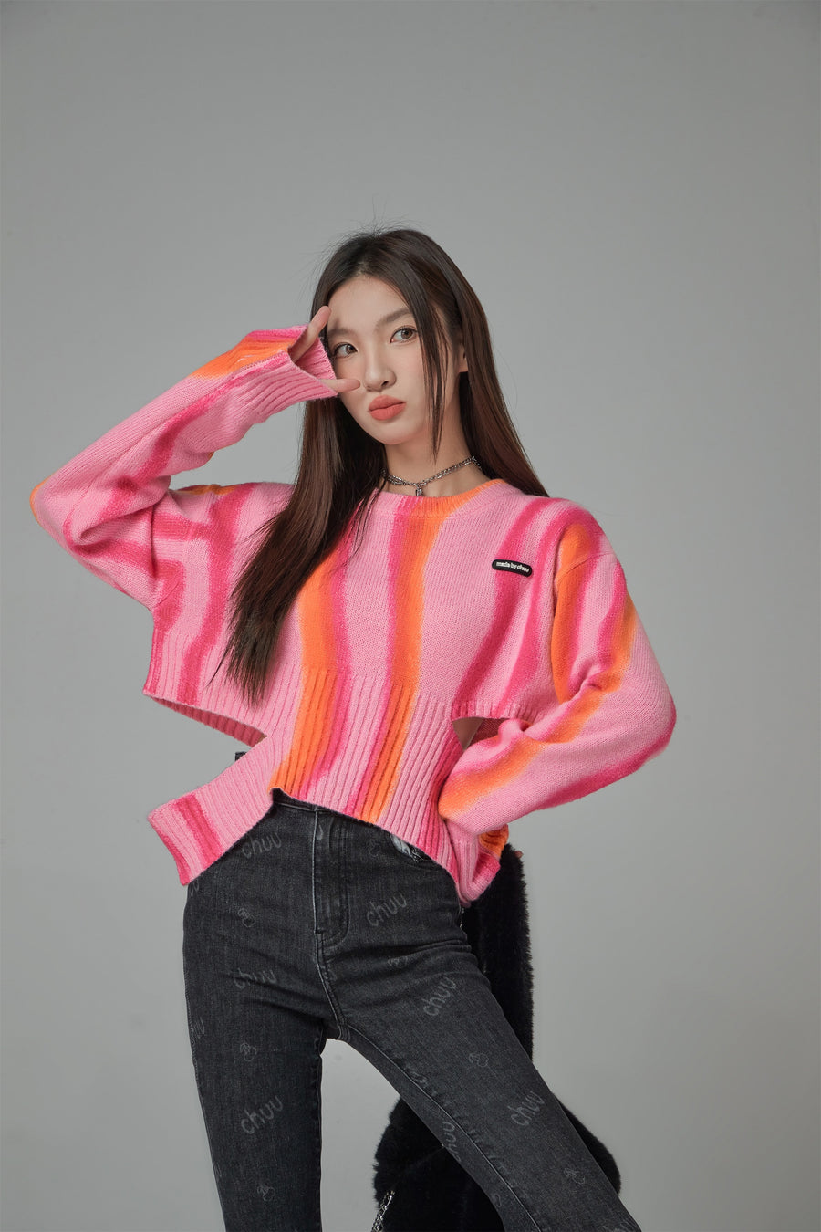 CHUU Groovy Feelings Printed Ribbed Knit Sweater