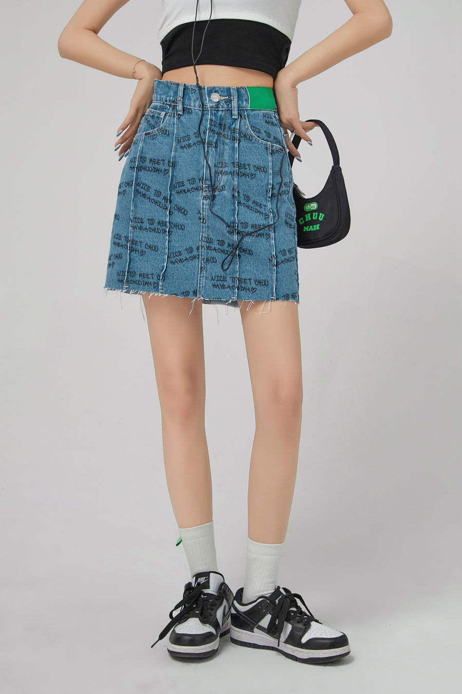 CHUU Nice To Meet Chuu Print Denim Skirt