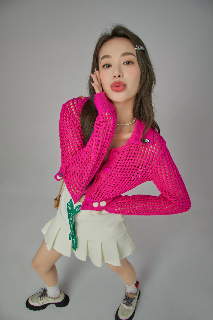 CHUU Hot Pink Cherry Crochet Crop Cardigan