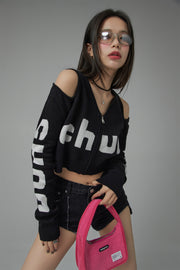 Shoulder Cut Out Crop Zip-Up