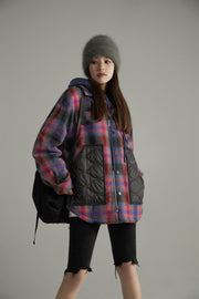 Color Block Check Loose Fit Coat