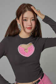 2-Layers Heart Cutout Long-Sleeved Top