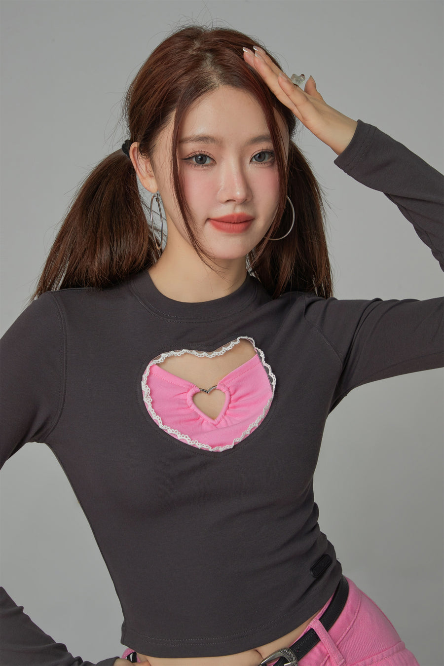 CHUU 2-Layers Heart Cutout Long-Sleeved Top