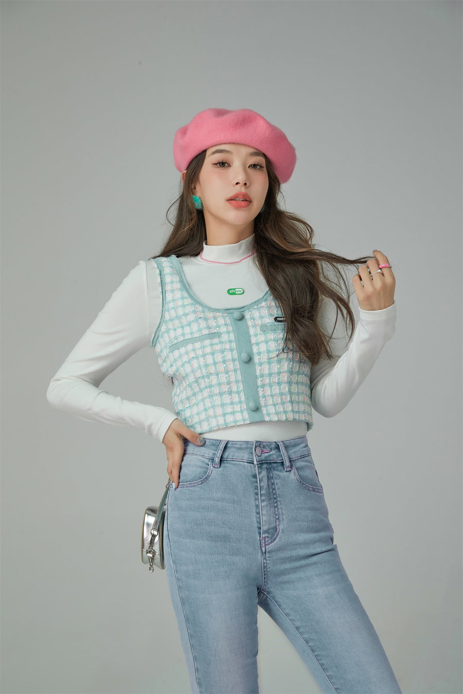 CHUU Tweed Check Buttons Sleeveless Top