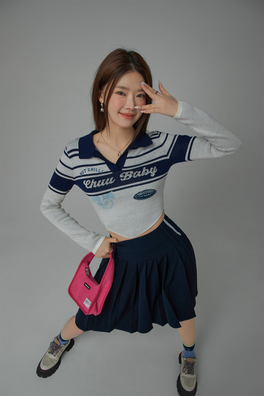 CHUU Chuu Baby Open Collar Cropped Knit T-Shirt