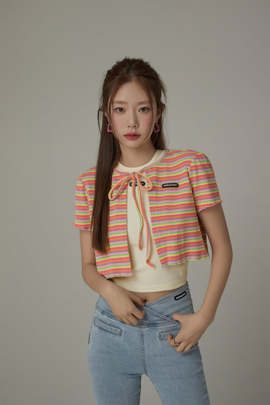 CHUU Ribbon Striped Crop Cardigan