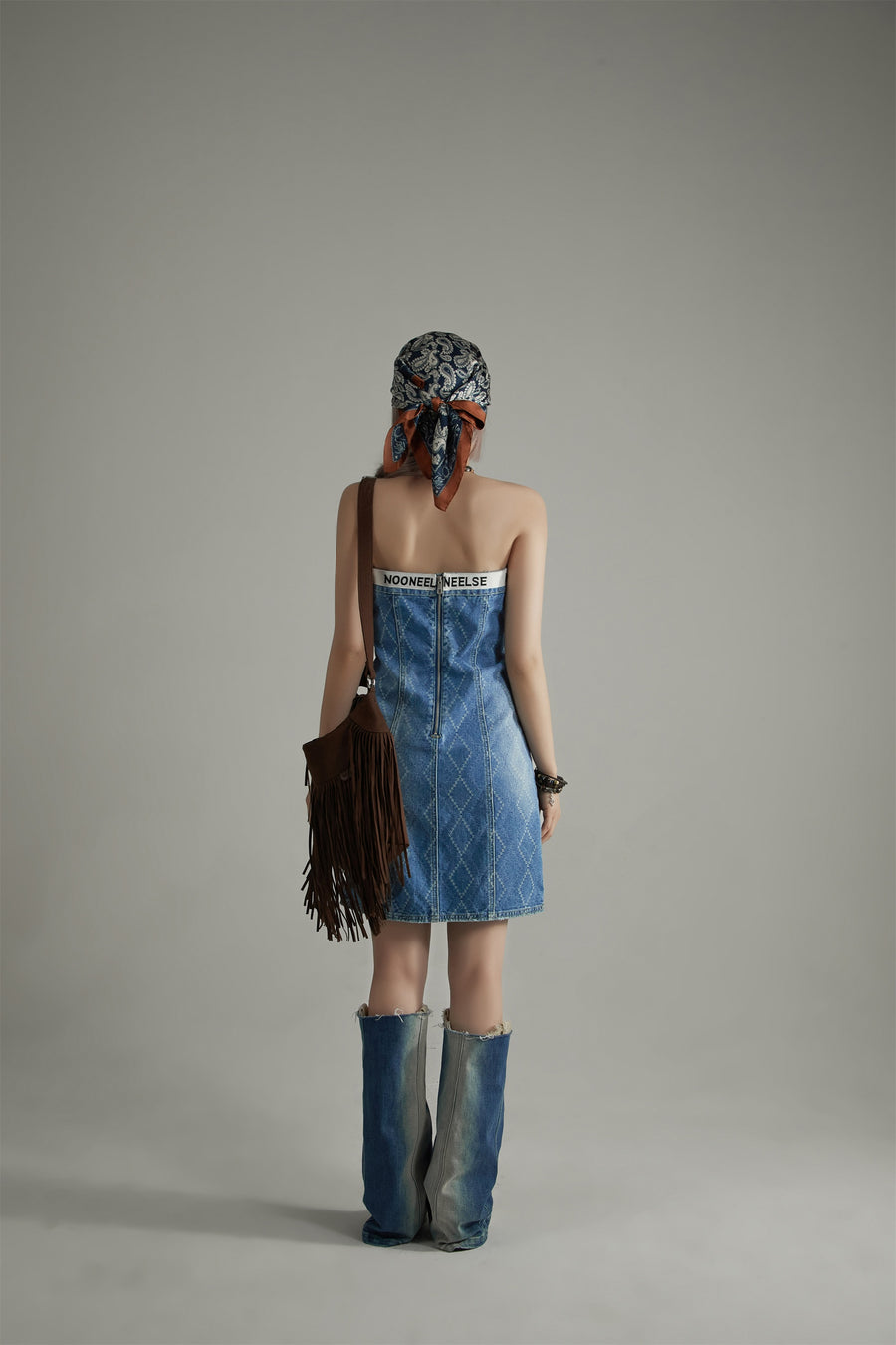 CHUU Argyle Denim Strapless Dress