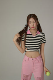 Striped Side Cut Out Cropped T-Shirt