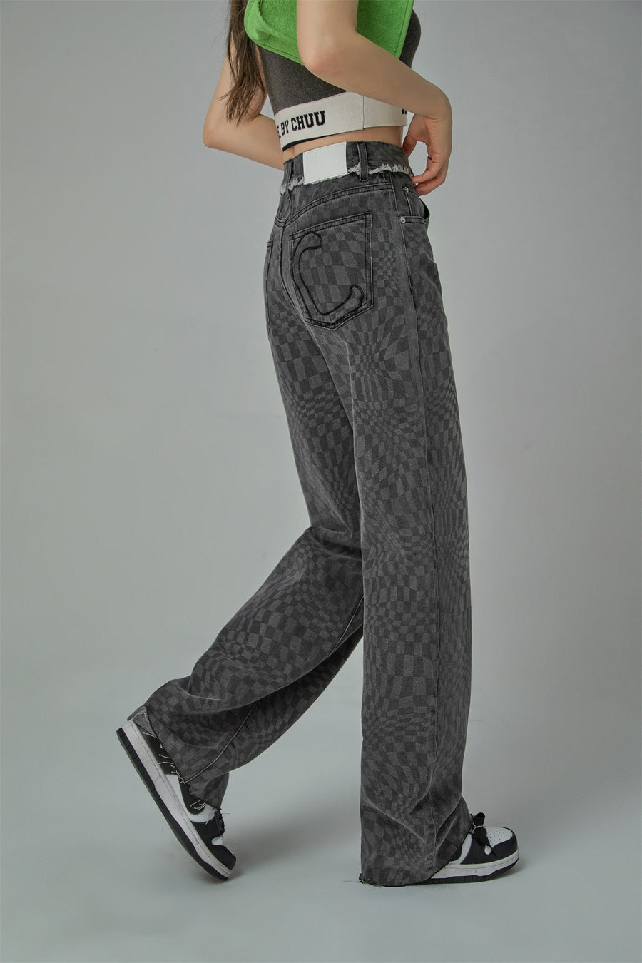 CHUU Check High-Waisted Wide Denim Pants