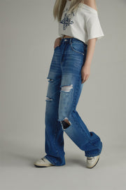 Distressed Straight Wide-Leg Denim Jeans