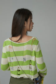 Distressed Stripe Crop Knit Top