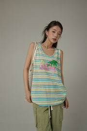 Chuu Baby Printed Design Striped Sleeveless Oversized T-Shirt