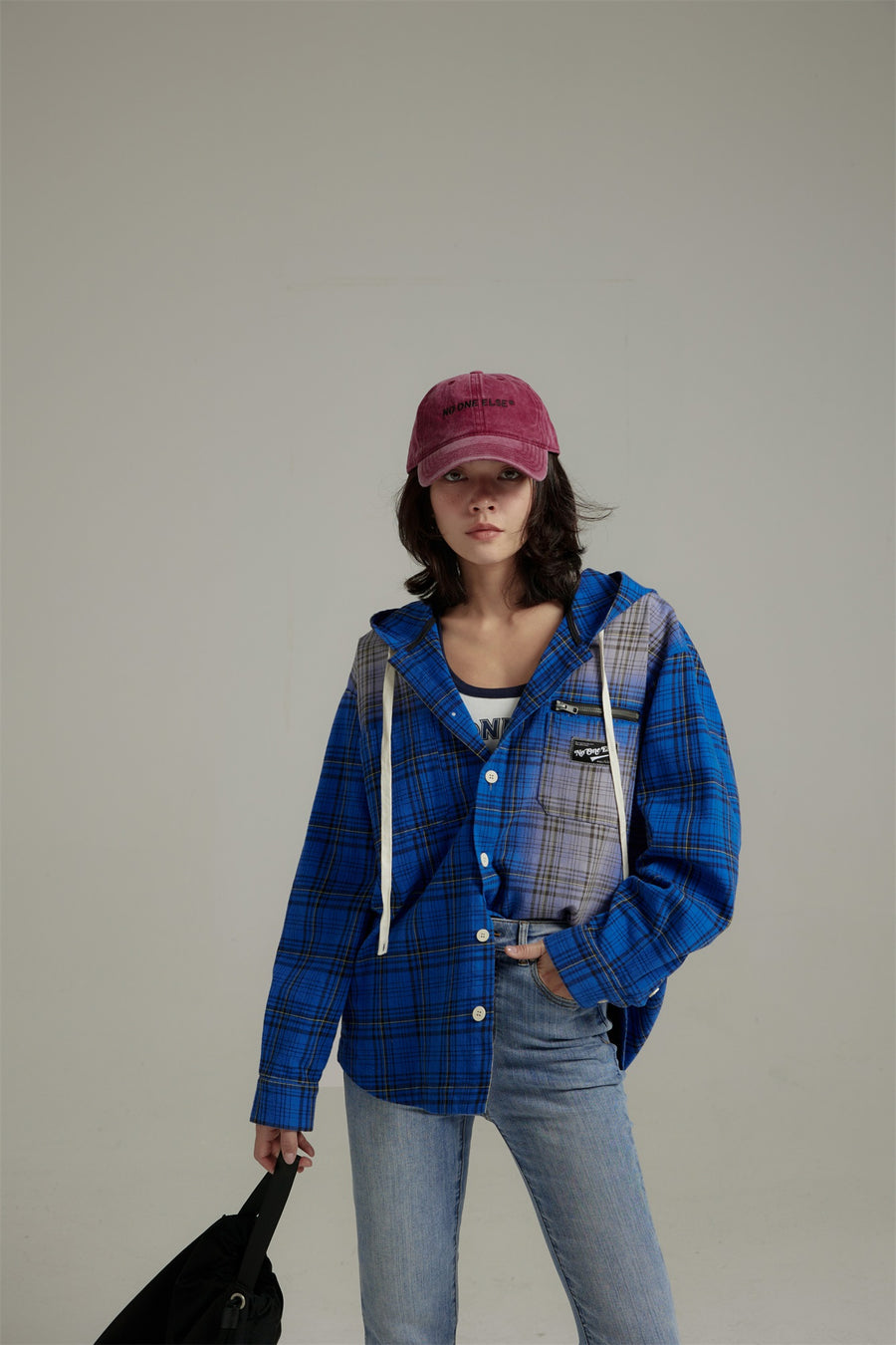 CHUU String Check Hooded Shirt