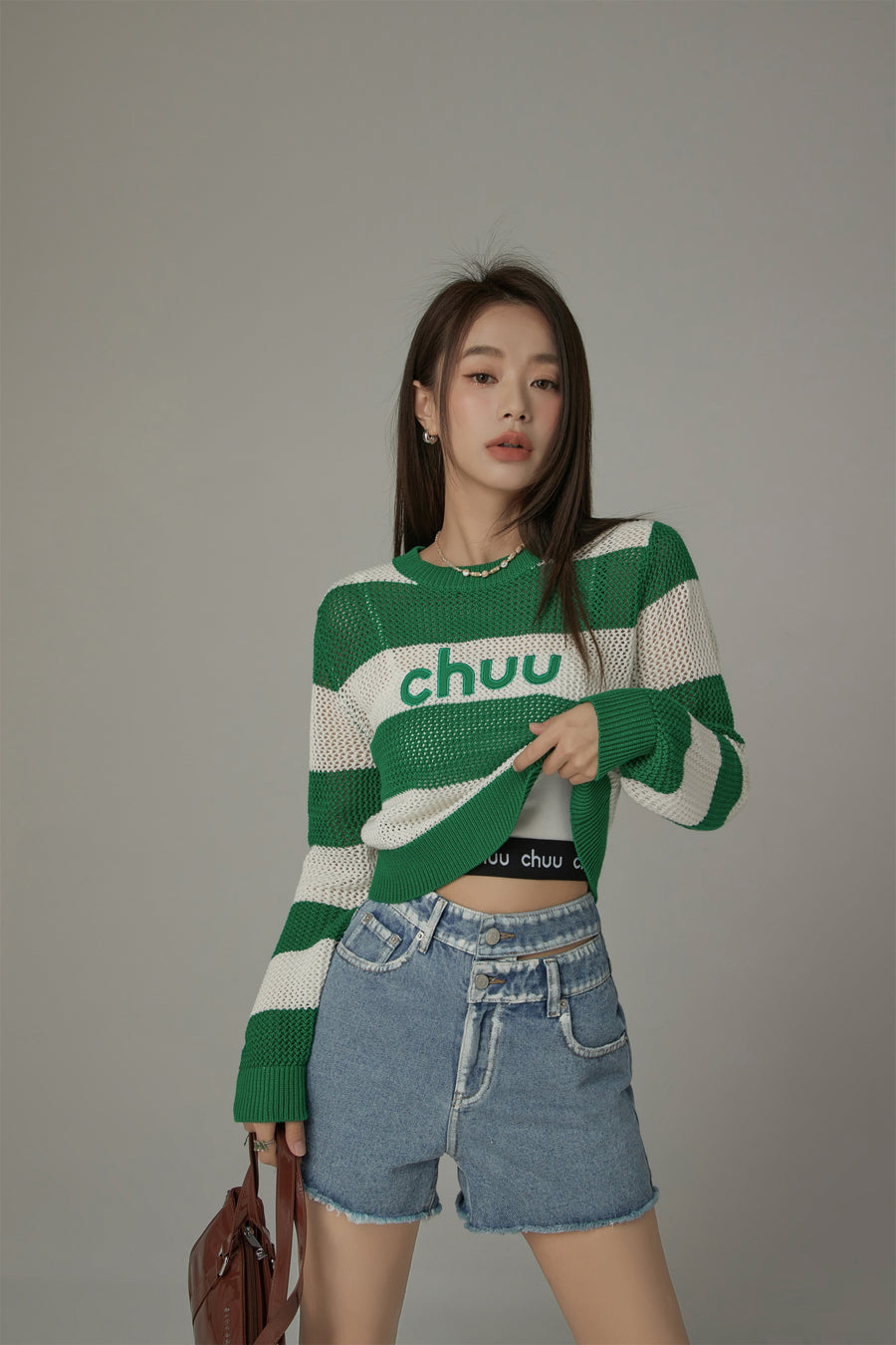 CHUU Striped Cropped Knit Top