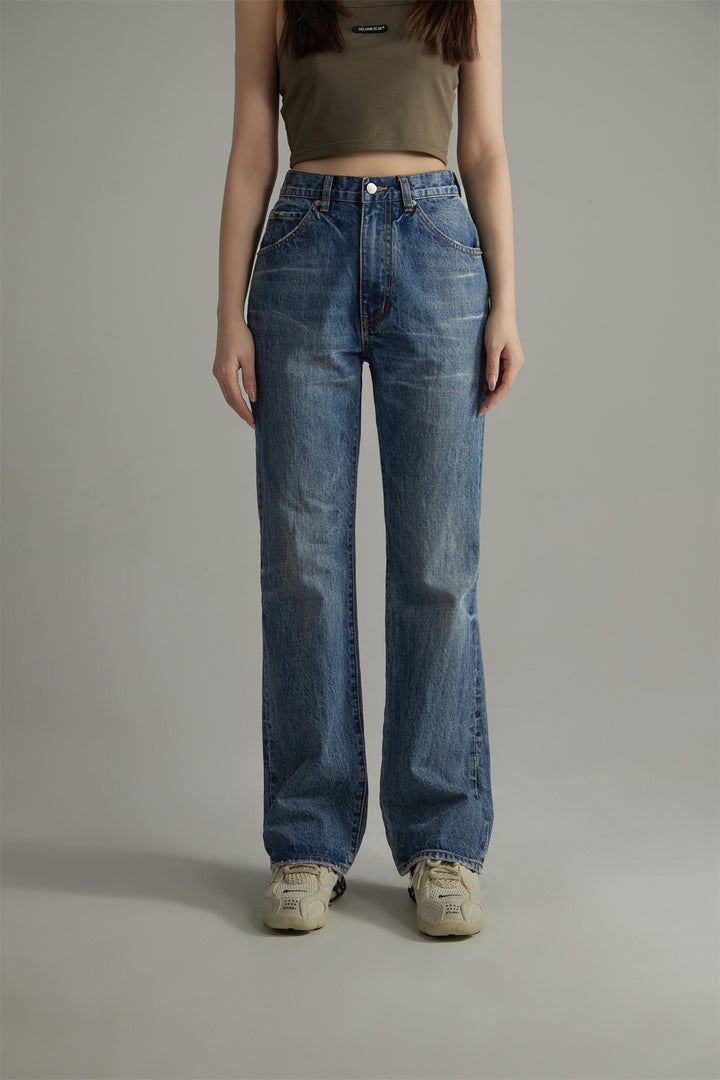 High-Waisted Washed Straight Jeans