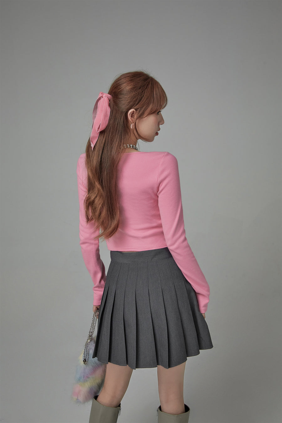 CHUU Deep Tied Round Neck Long Sleeves Top