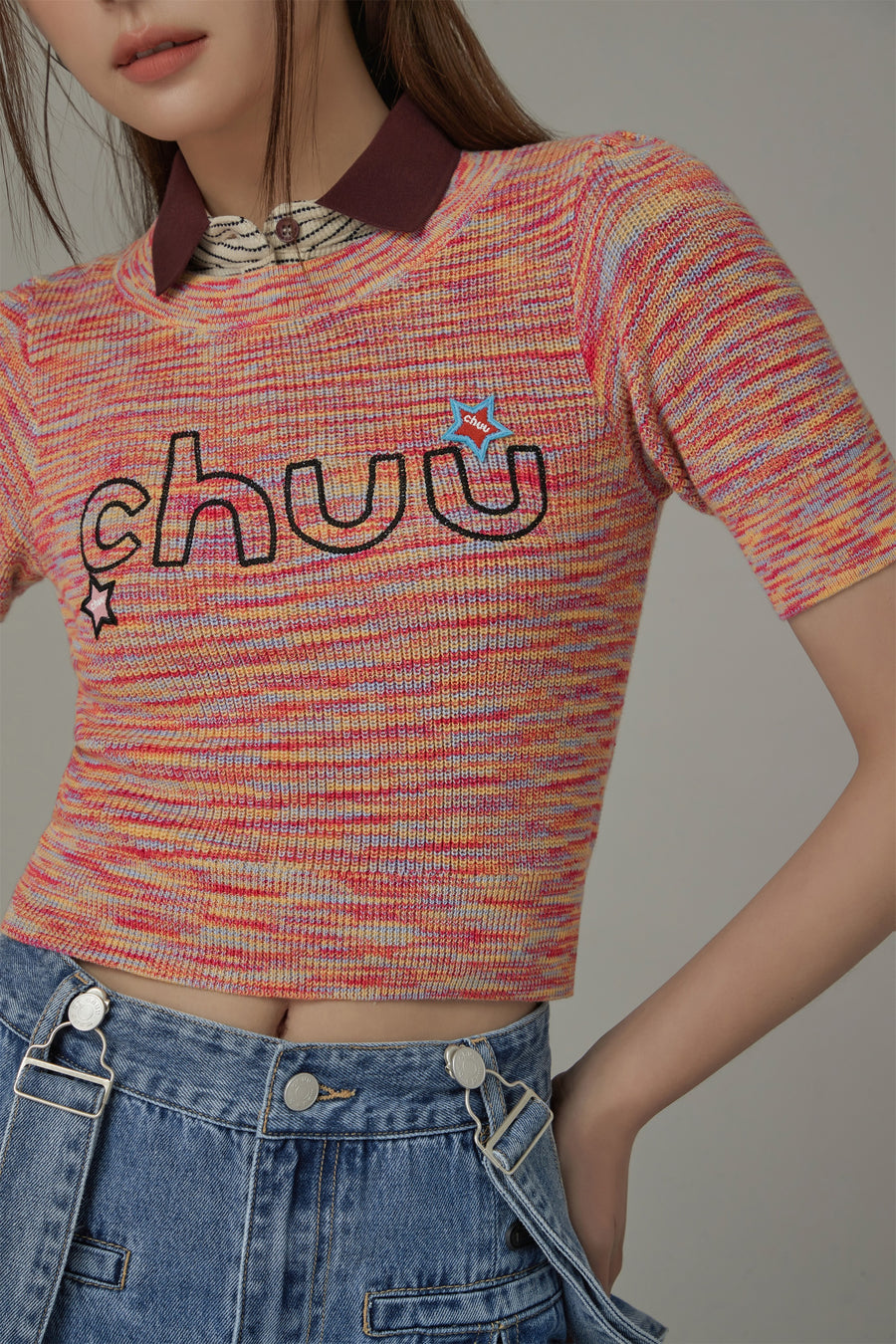 CHUU Embroidered Chuu Star Cropped Knit Top