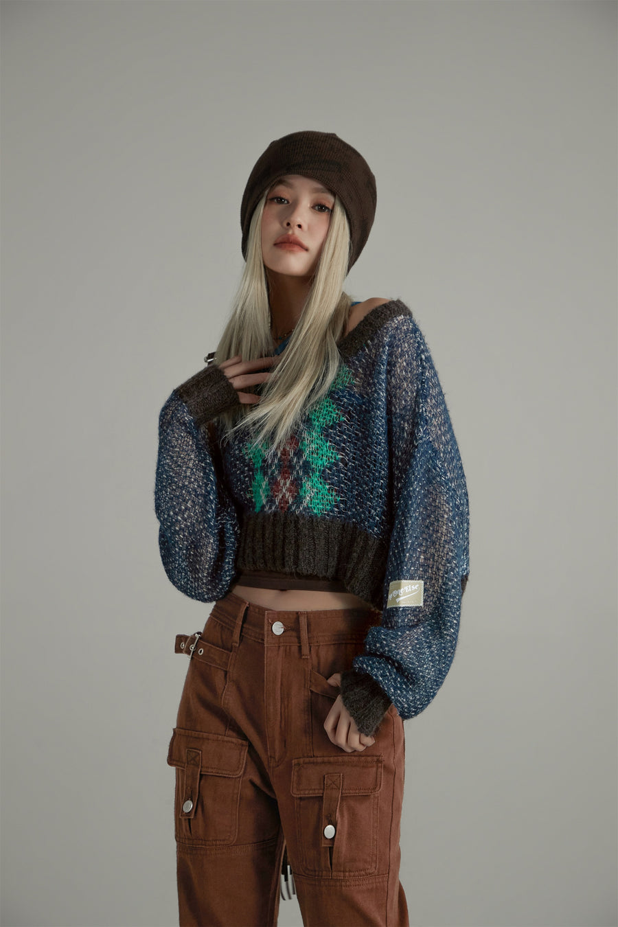 CHUU Argyle Cropped Crochet Knit Sweater