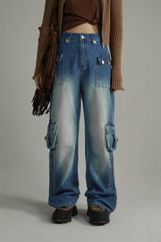 Zipper Cargo Wide Straight Jeans