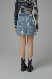 Washed Denim Unbalanced Mini Skirt