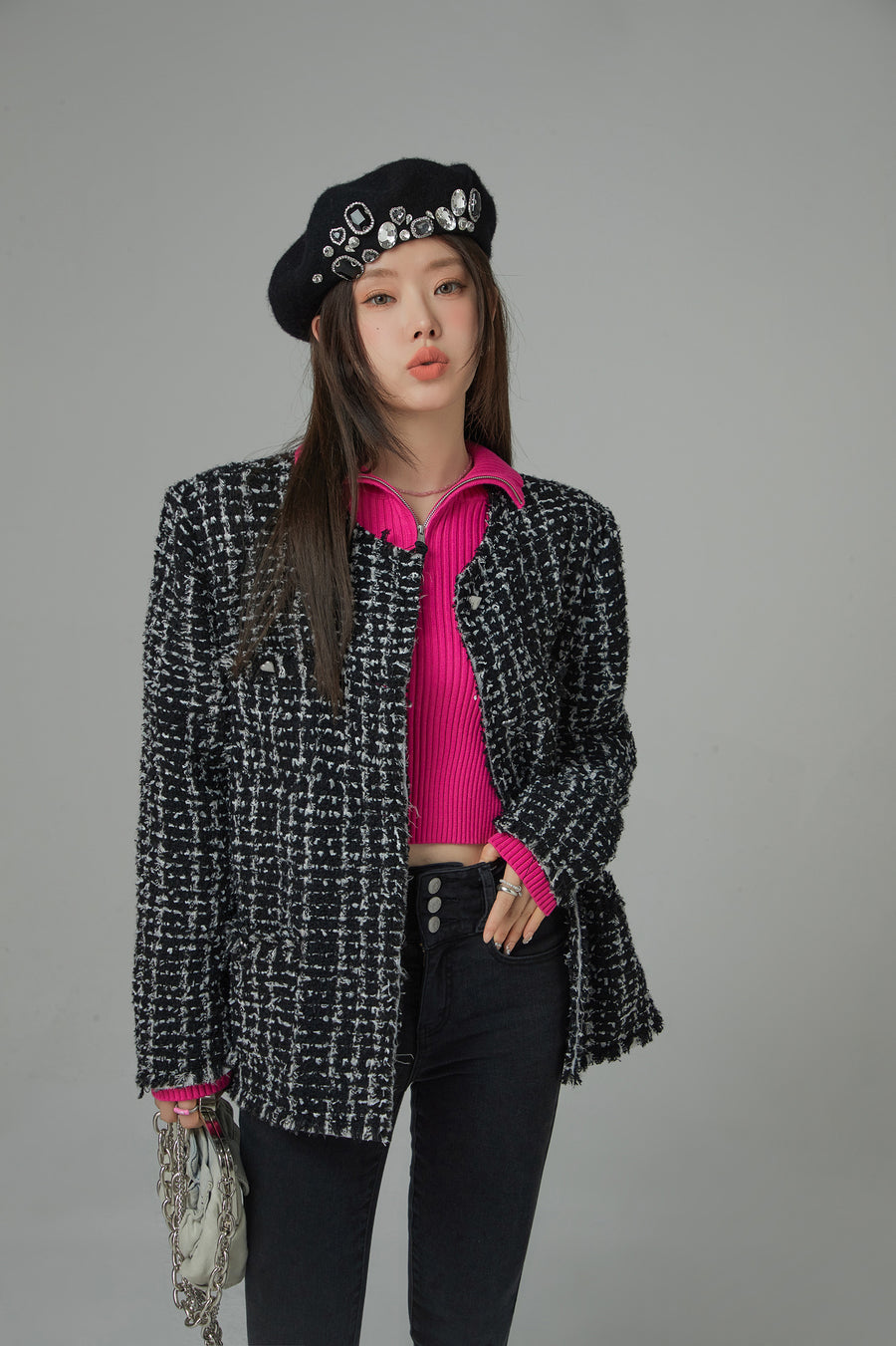 CHUU Fringed Tweed Jacket