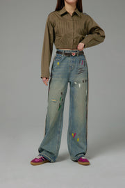 Paint Streaks Straight Wide Denim Pants