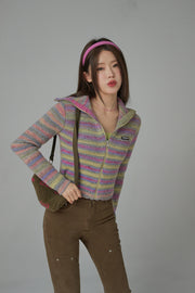 Rainbow Striped Zip-Up Knit Cardigan