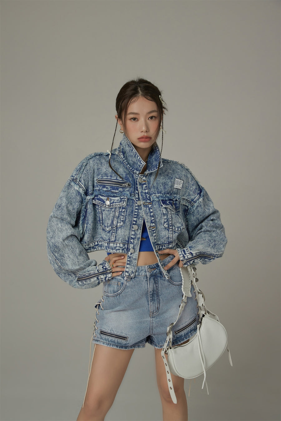 CHUU Fringe Trim Denim Cropped Jacket