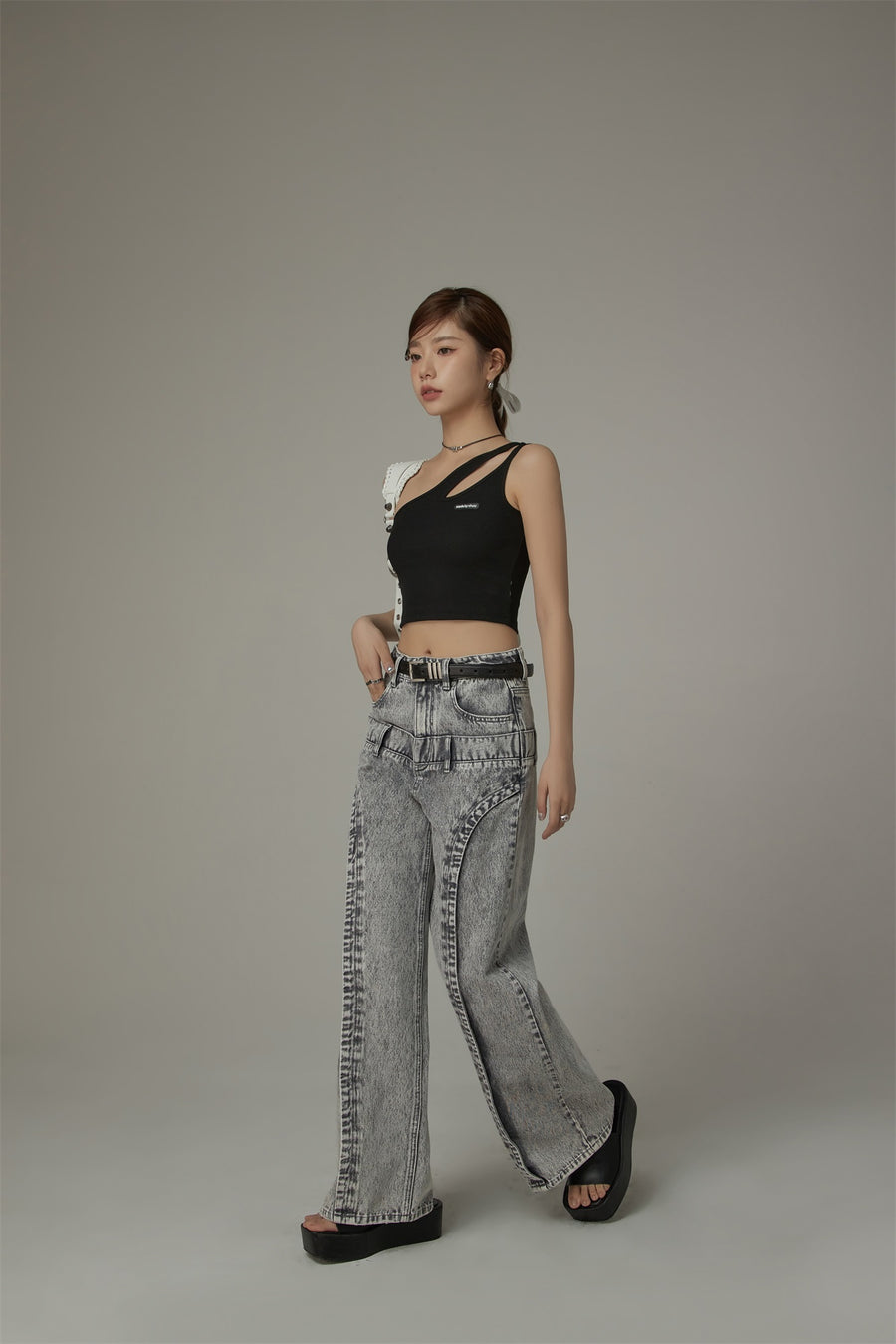 CHUU Double Belt High Waisted Straight Jeans