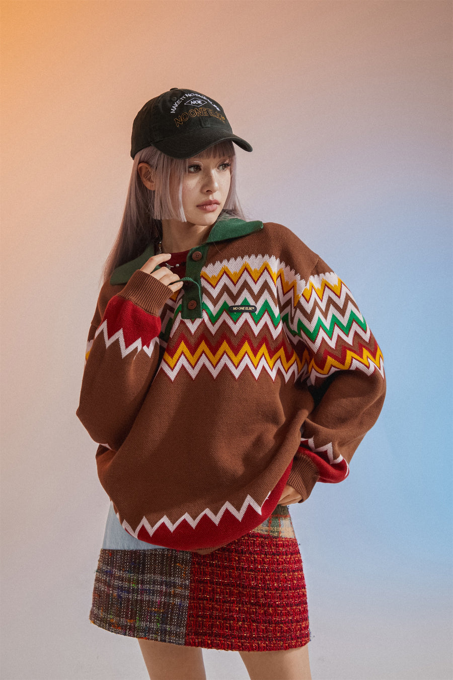 CHUU Polo Neck Wave Knit Sweater