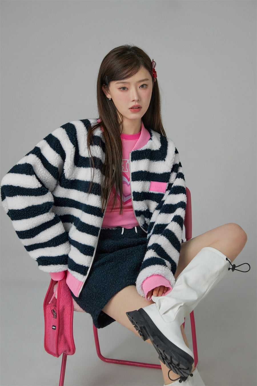 CHUU I Am The One Striped Loose-Fit Fleece Jacket