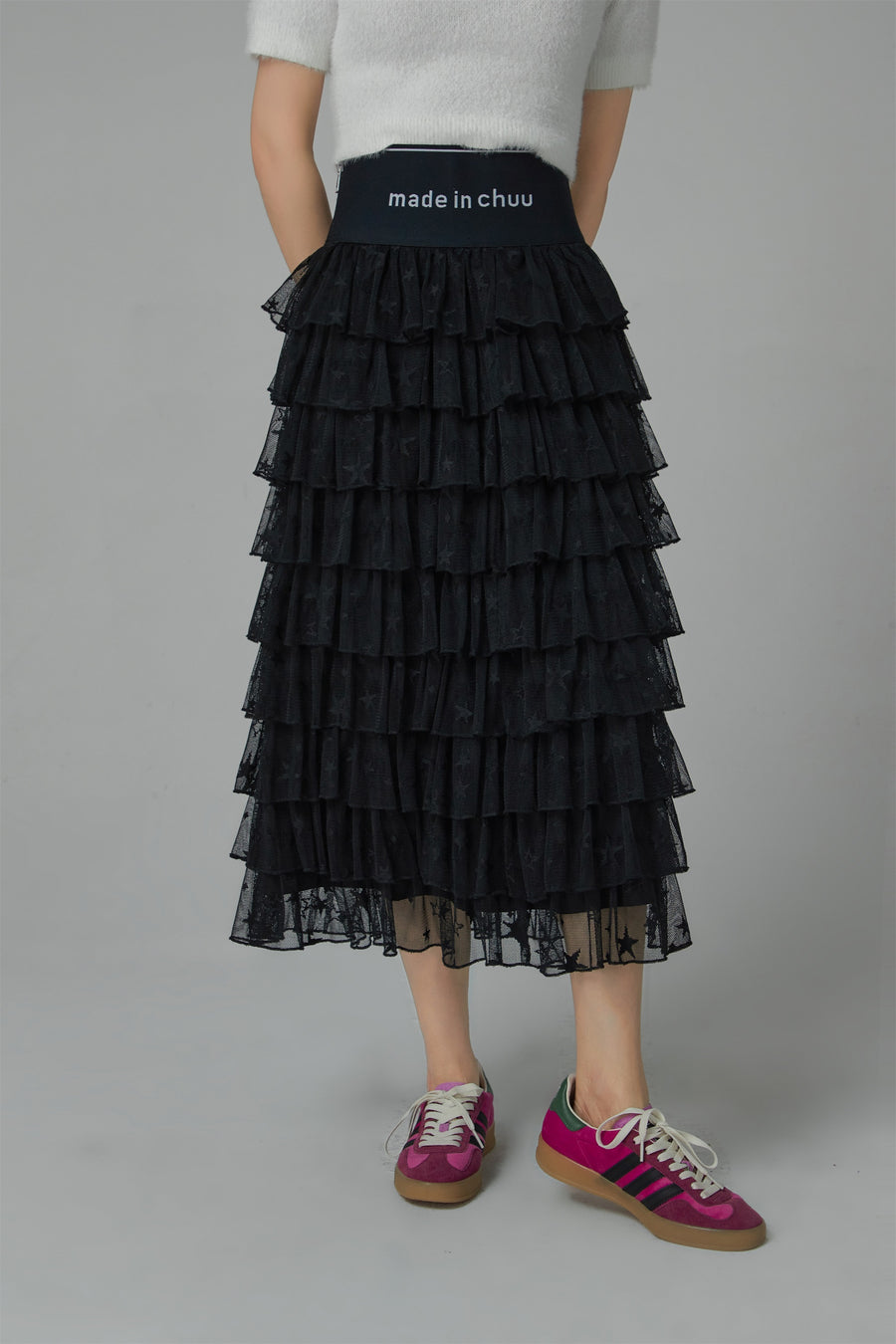 CHUU Stars Chiffon Frill Maxi Skirt