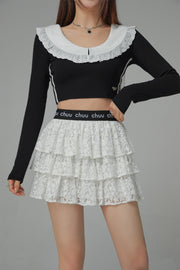 Eyelet Lace Collar Long-Sleeved Crop Top