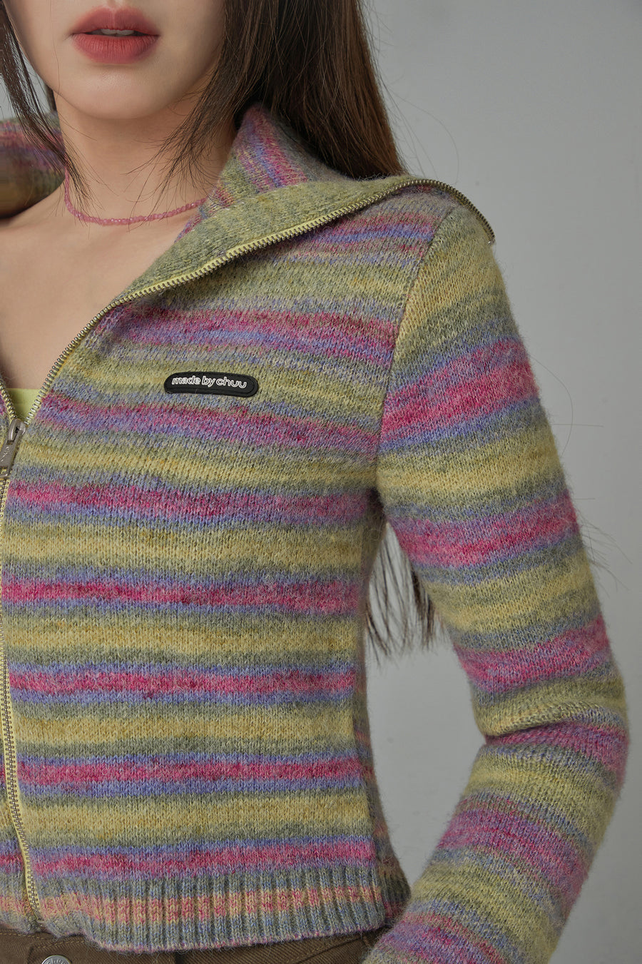 CHUU Rainbow Striped Zip-Up Knit Cardigan