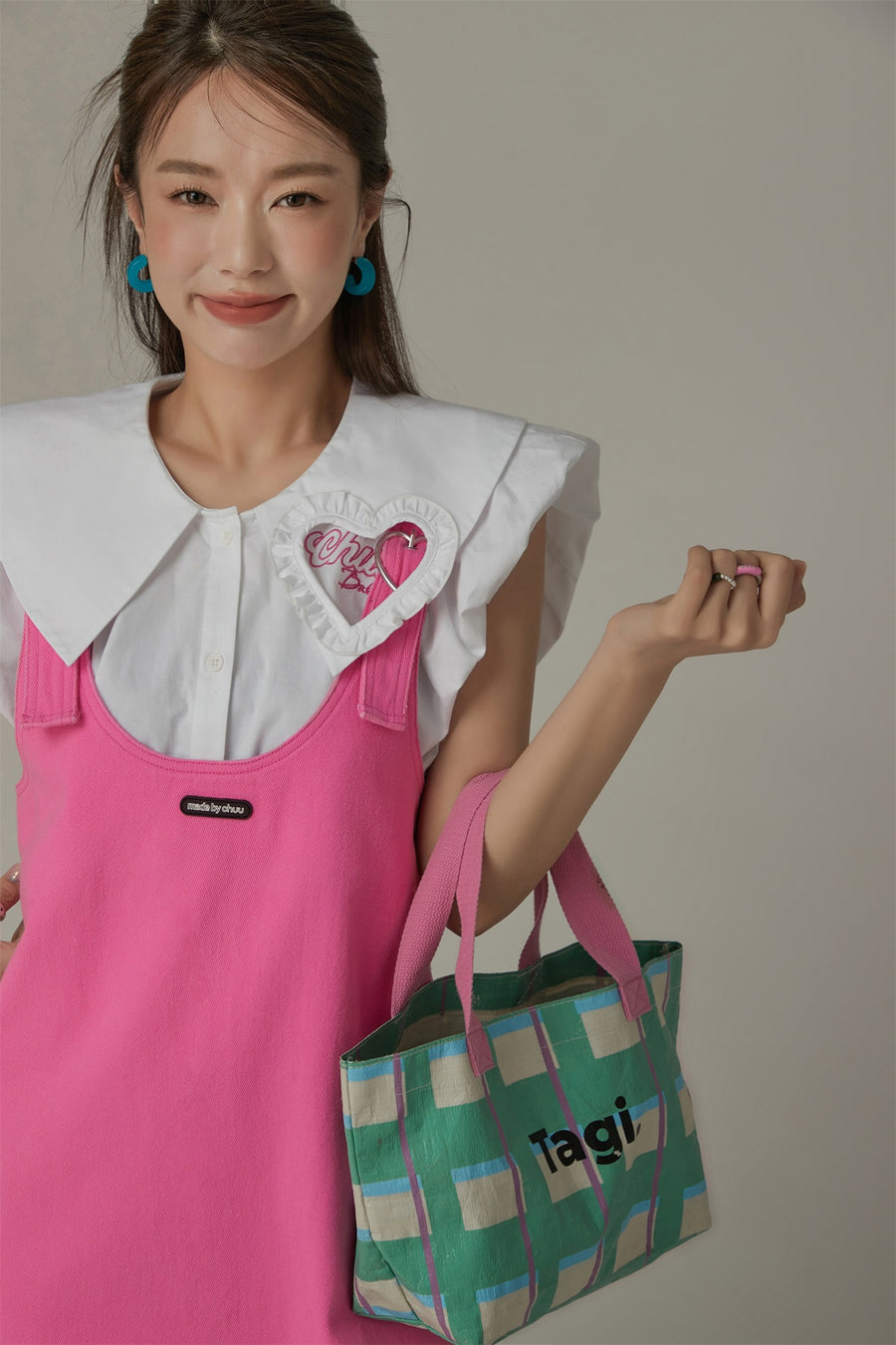 CHUU Heart Buckle Color Overall Mini Dress