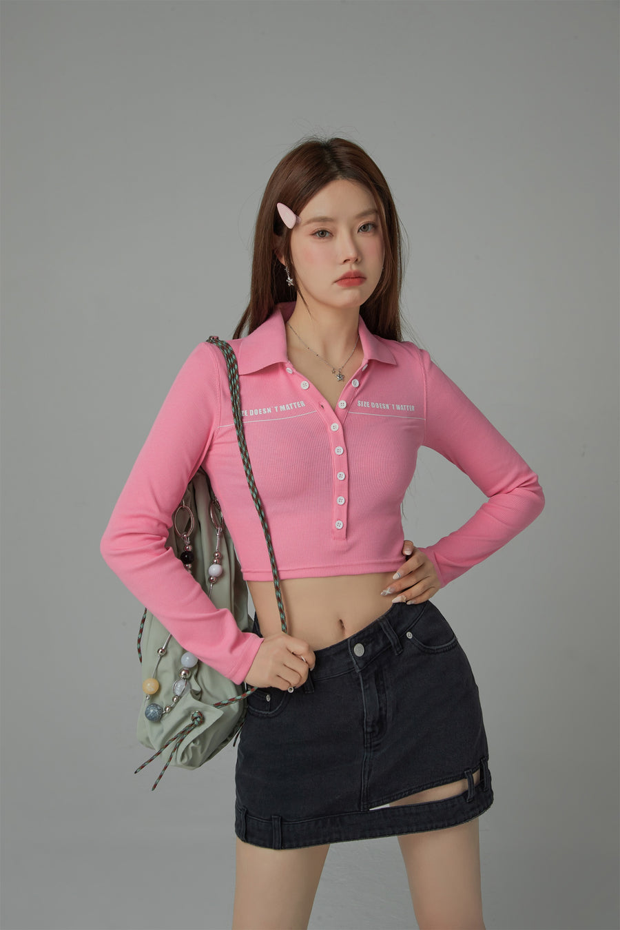 CHUU Size Doesnt Matter Collar Button Cropped T-Shirt