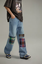 Tartan Patchwork Wide Straight Jeans