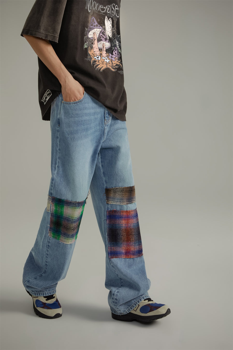 CHUU Tartan Patchwork Wide Straight Jeans