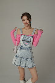 Zipper Heart Acid Wash Denim Overall Mini Dress