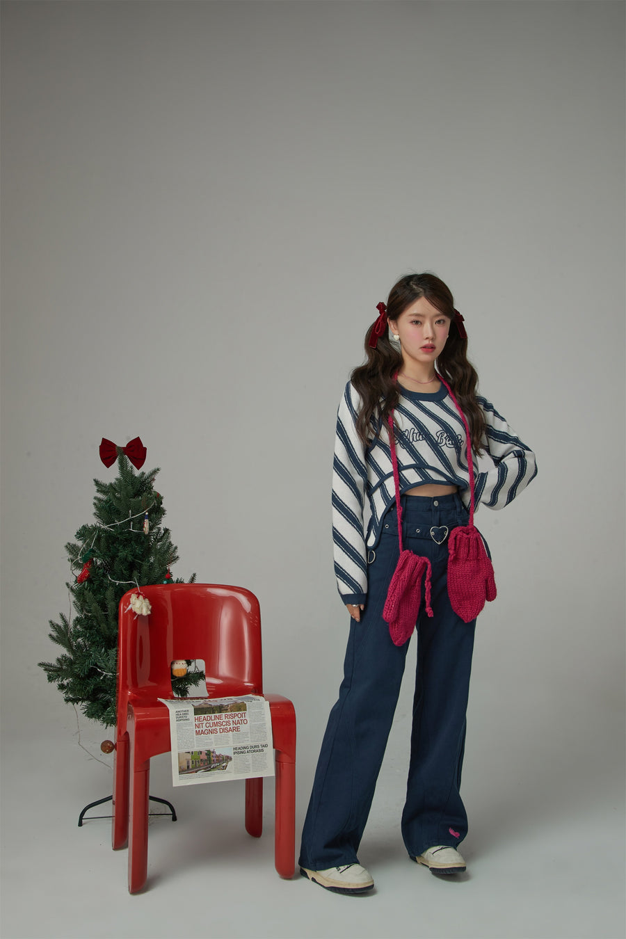 CHUU Heart Belt High-Waisted Wide Pants