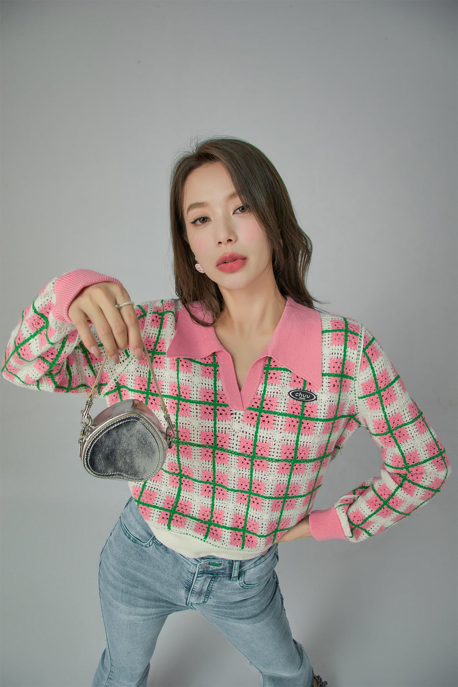 CHUU Lovely Check Crochet Polo Sweater