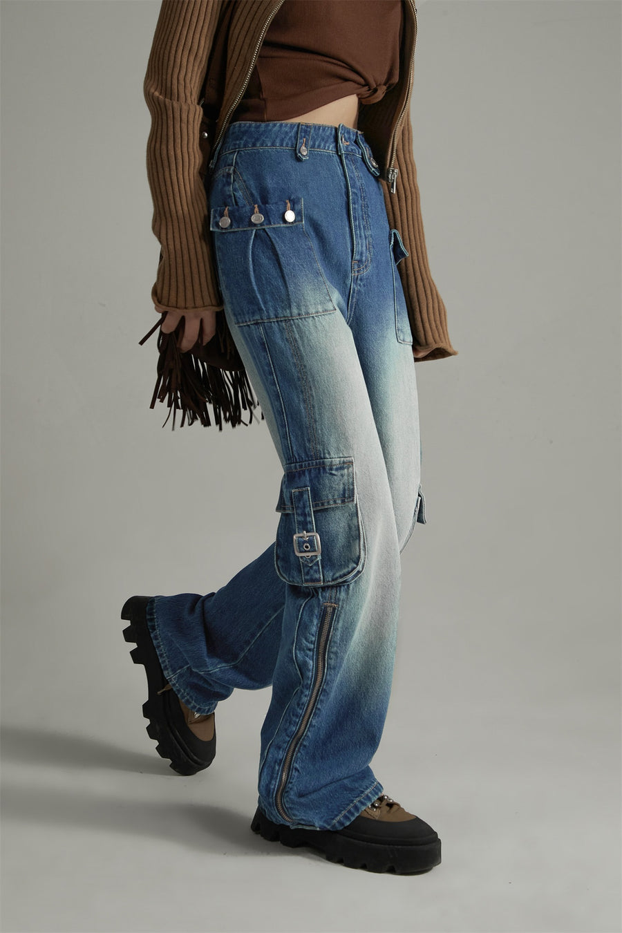 CHUU Zipper Cargo Wide Straight Jeans