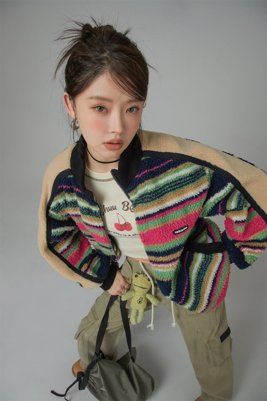 CHUU I See The Light Striped Fleece Overfit Jacket