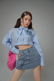 Heart Denim Pocket Stripe Crop Shirt