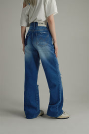 Distressed Straight Wide-Leg Denim Jeans